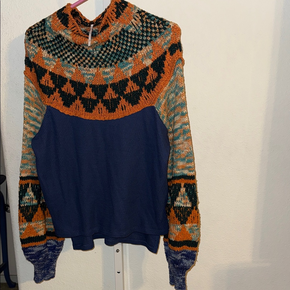 Free People Swit The Small Stuff mock neck top in the blue combo color sweater - Picture 3 of 6